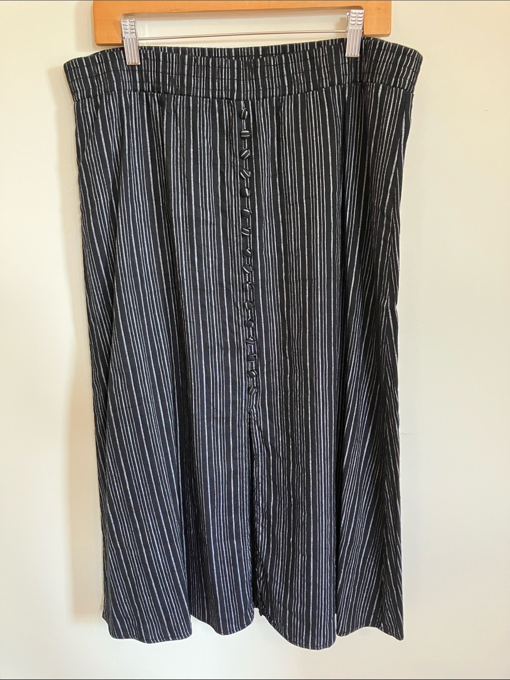 LOFT Black and White Striped Button-Front Midi Skirt